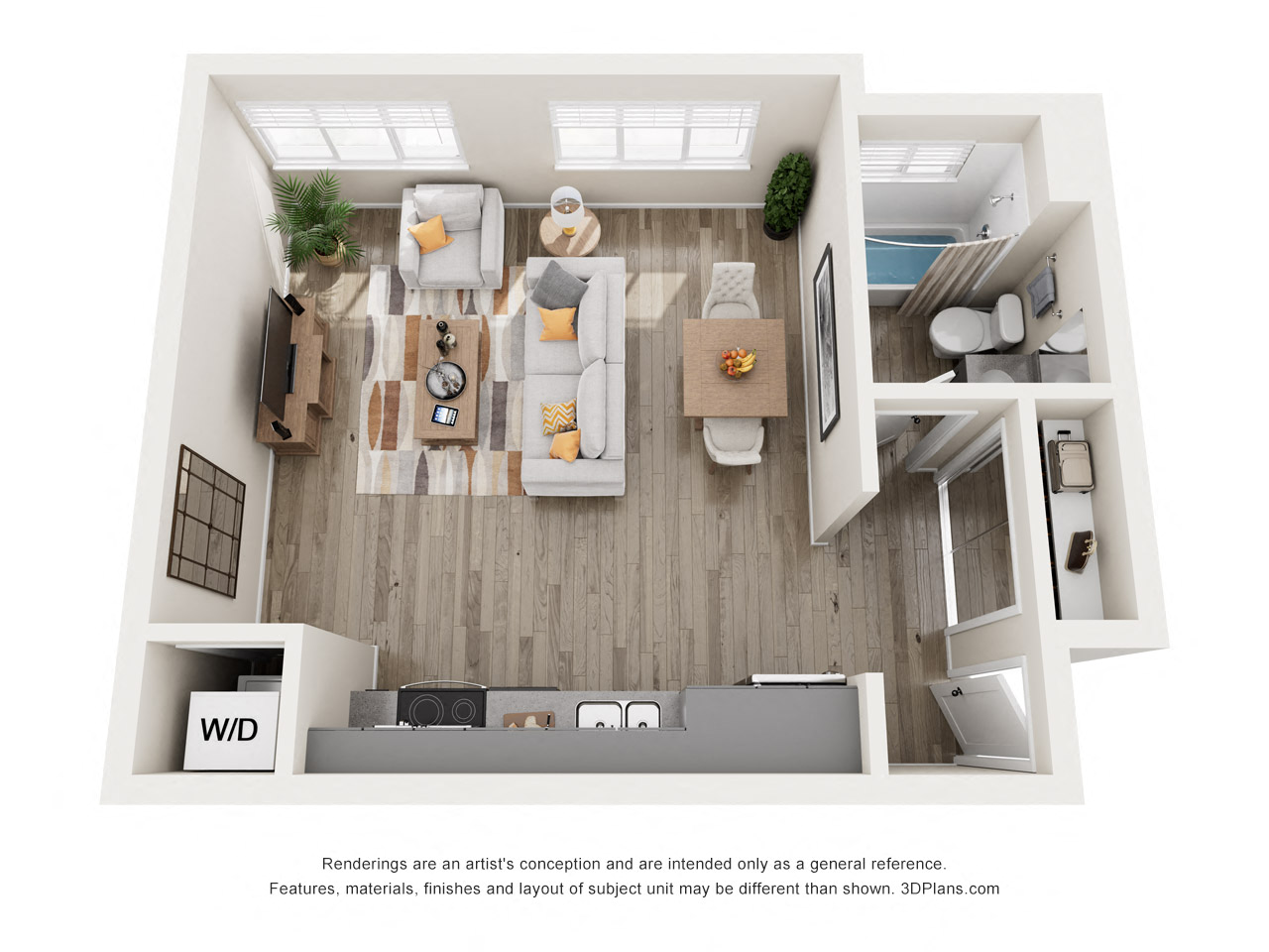 Floor plan for studio, 1 bath, 491 sqft